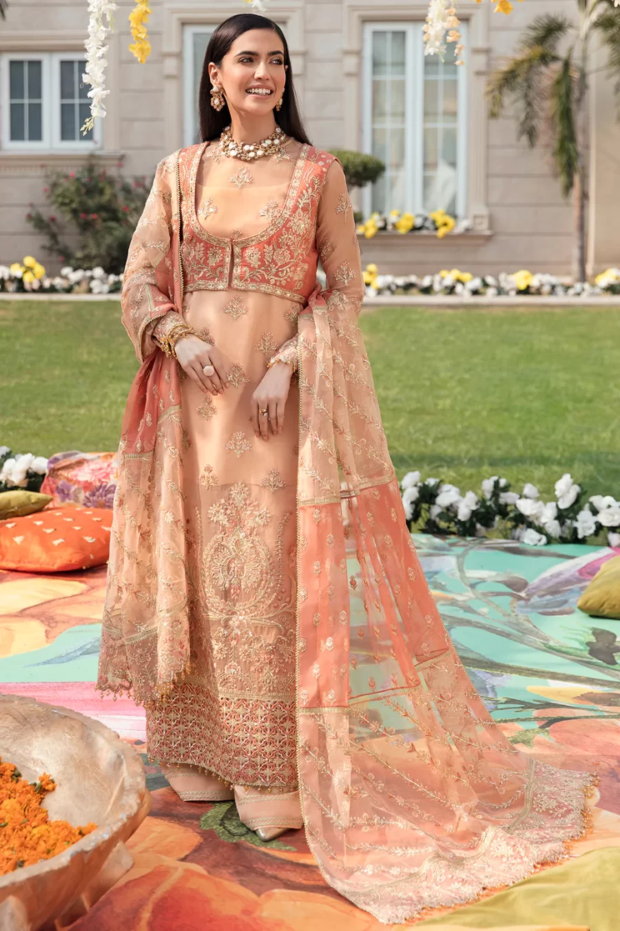 Buy Lahore suits online at Fabcollections with embroidered raw silk jacket, organza dupatta, and dyed trousers. Free shipping & COD!