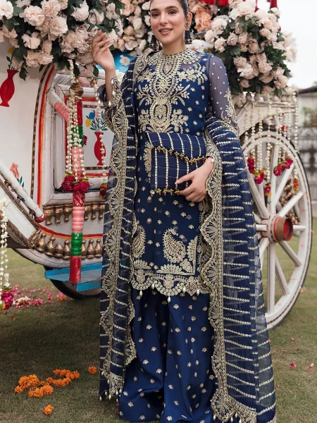 Buy Lahore suits online at Fabcollections with embroidered chiffon front, back, and sleeves, organza borders, and raw silk printed trousers. Free shipping & COD!