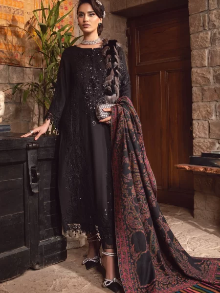 Buy Lahore suits online at Fabcollections. Featuring embroidered linen panels, woven shawl, and dyed trousers. Free shipping & COD available!