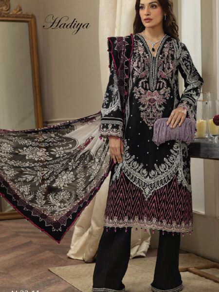 Shop Pakistani suits Lahore with a digital printed chiffon dupatta, screen printed lawn shirt, embroidered neckline, and dyed cotton cambric trouser.