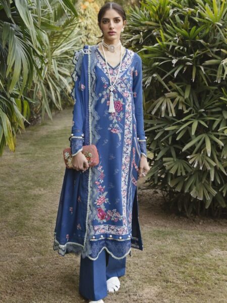 Buy Karachi Pakistani suits at Fabcollections featuring Parsa Gari technique embroidered center panel and lawn front panels with Daman Shiffli embroidery border.