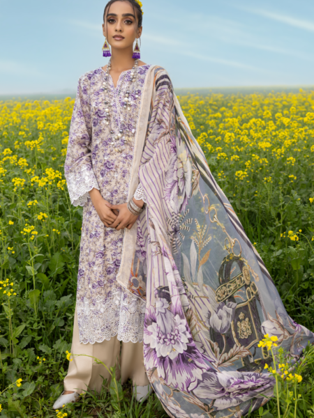 Shop Lahore suits online at Fabcollections featuring purple Schiffli embroidered and digital printed front.