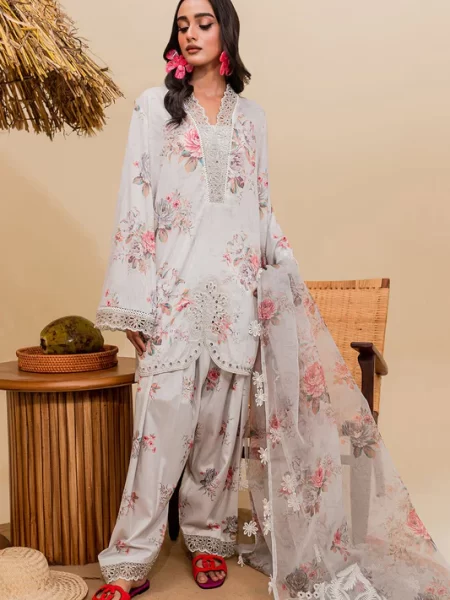 Shop exquisite Pakistani cotton suits with a digital printed lawn front, back, sleeves, cotton trouser, organza dupatta, and embroidery patch.