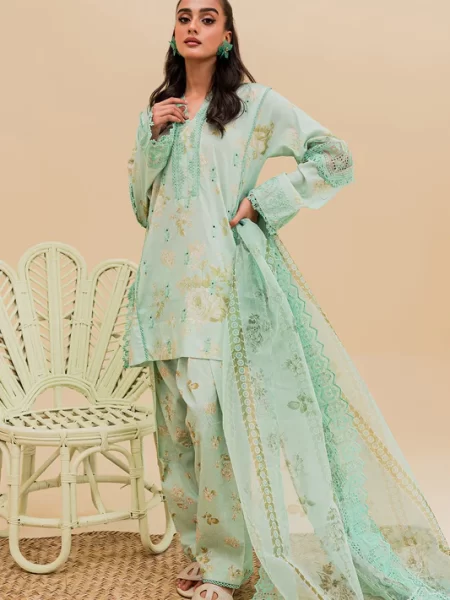 Shop stunning Pakistani suits online featuring lawn digital printed front, back, sleeves, cotton trousers, and organza with embroidery.