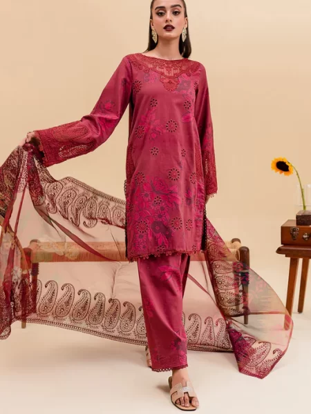 Buy lawn suits online featuring digital printed embroidered front, back, sleeves, cotton digital printed trouser, digital printed net dupatta.