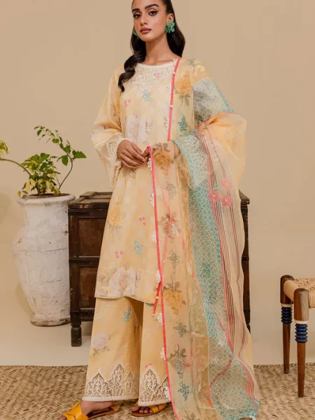 Buy unstitched lawn suits featuring digital printed embroidered front, back, sleeves, cotton digital printed trouser, digital printed net dupatta, and organza embroidery patch.