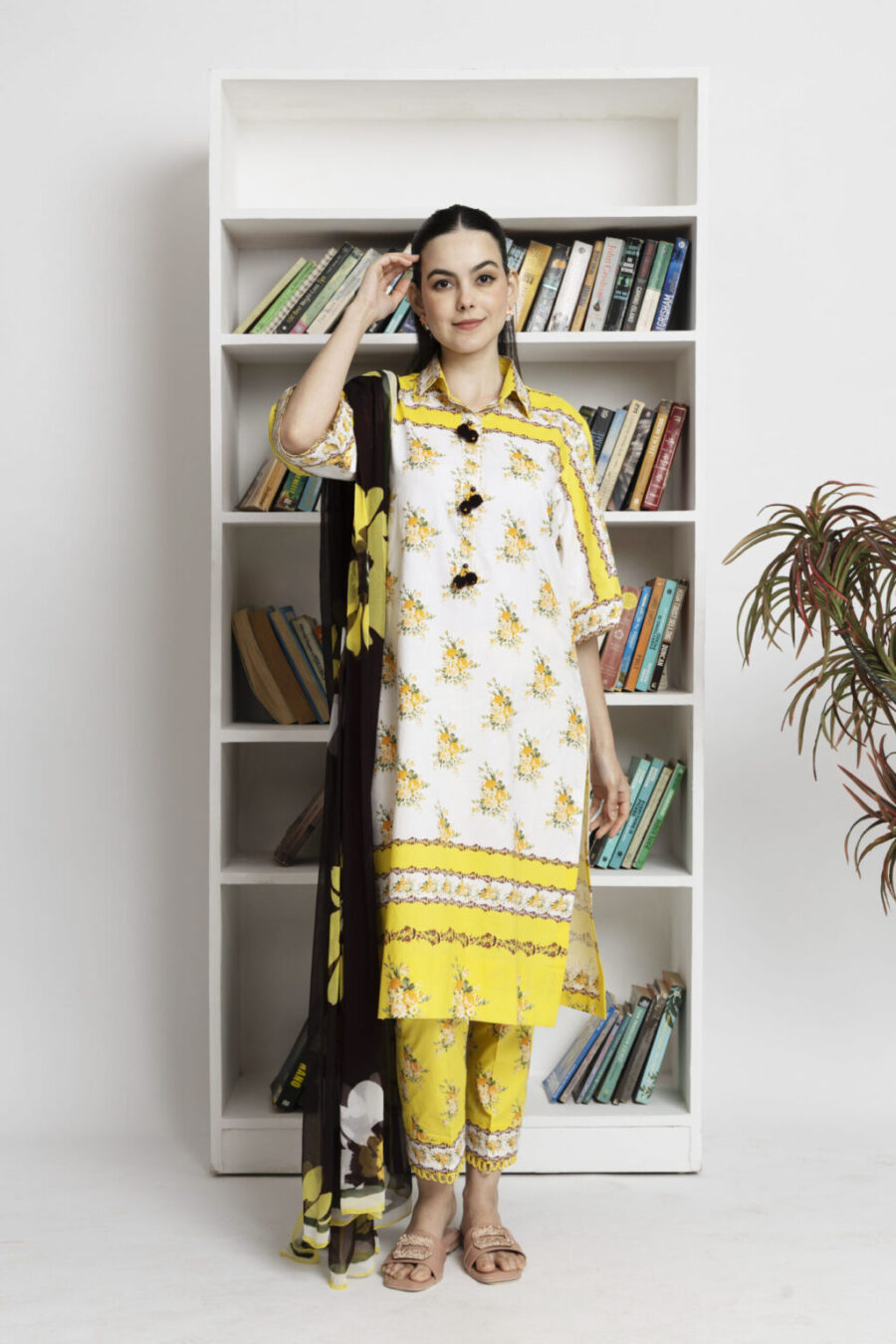 Elegant Chiffon Karachi Suits with Printed Lawn Shirt, Trouser & Dupatta. Free Shipping & Cash on Delivery at Fabcollections.