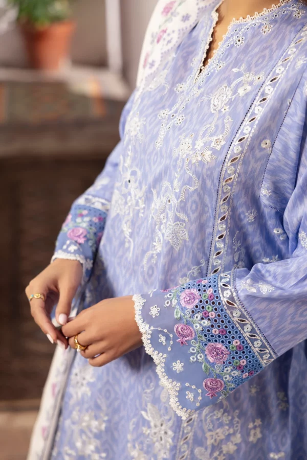 Our printed lawn suits include digital printed + embroidered lawn panels, organza borders, and a dyed cambric trouser for a perfect ensemble.