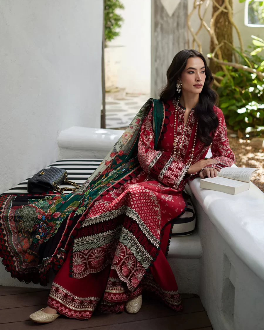 Elevate your wardrobe with unstitched Pakistani suits online from FabCollections. Beautifully crafted with floral embroidery and a digitally printed silk dupatta.