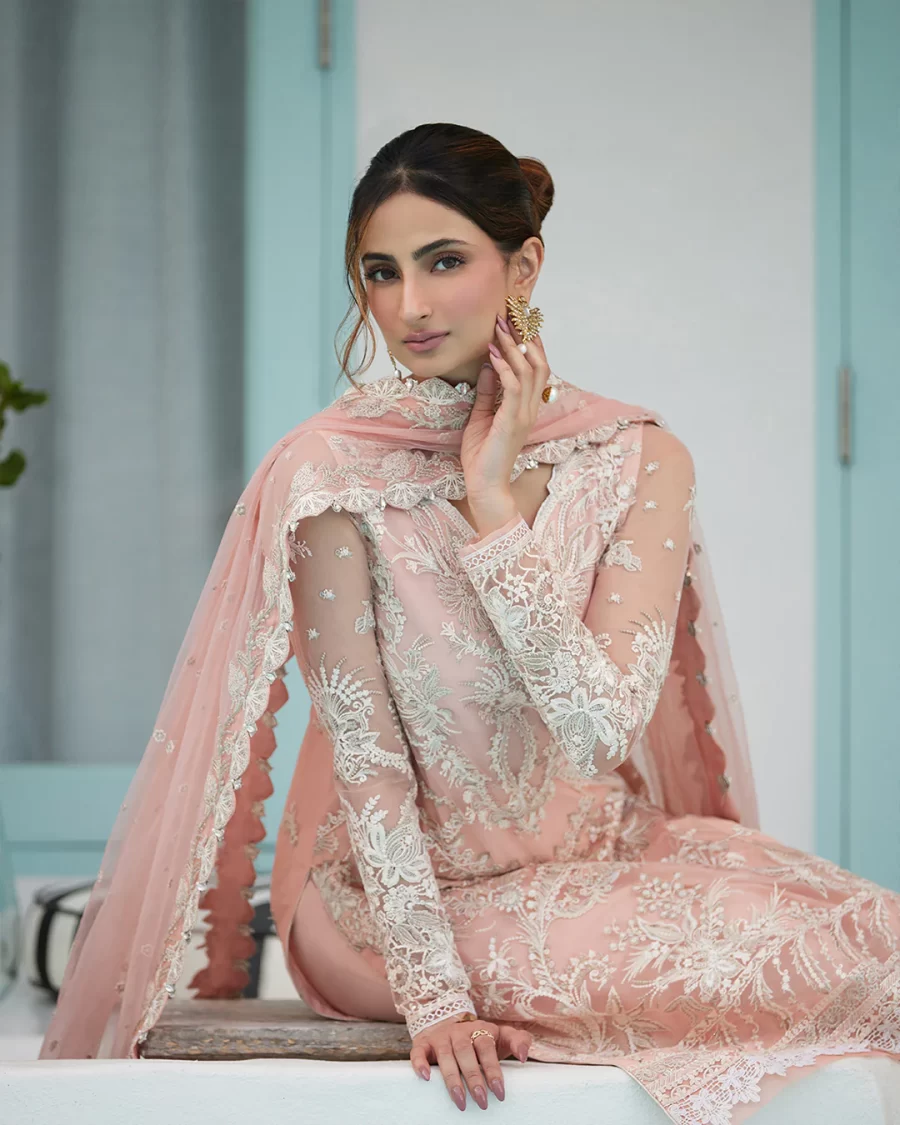 Discover elegant Pakistani suits online at FabCollections. Valetta in peachy hues features floral vine patterns and a jute net dupatta. Classic and timeless.