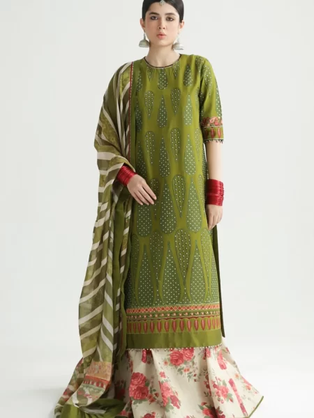 Aaina offers unstitched dress material featuring embroidered lawn front, lahriya silk dupatta, and stylish cambric trouser online.