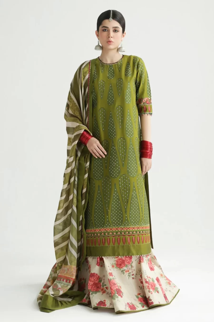 Aaina offers unstitched dress material featuring embroidered lawn front, lahriya silk dupatta, and stylish cambric trouser online.