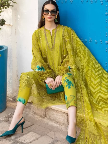 Shop stylish unstitched Pakistani suits with an embroidered ghera patch and printed cambric trouser. Free shipping and cash on delivery.