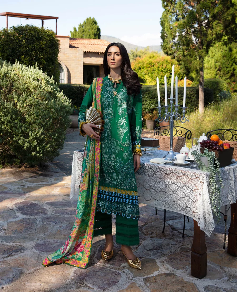 Discover Hèlene, reflecting green lushness with gold tilla and sequins. Complete with a silk printed dupatta. Buy unstitched Pakistani suits online at Fabcollection!