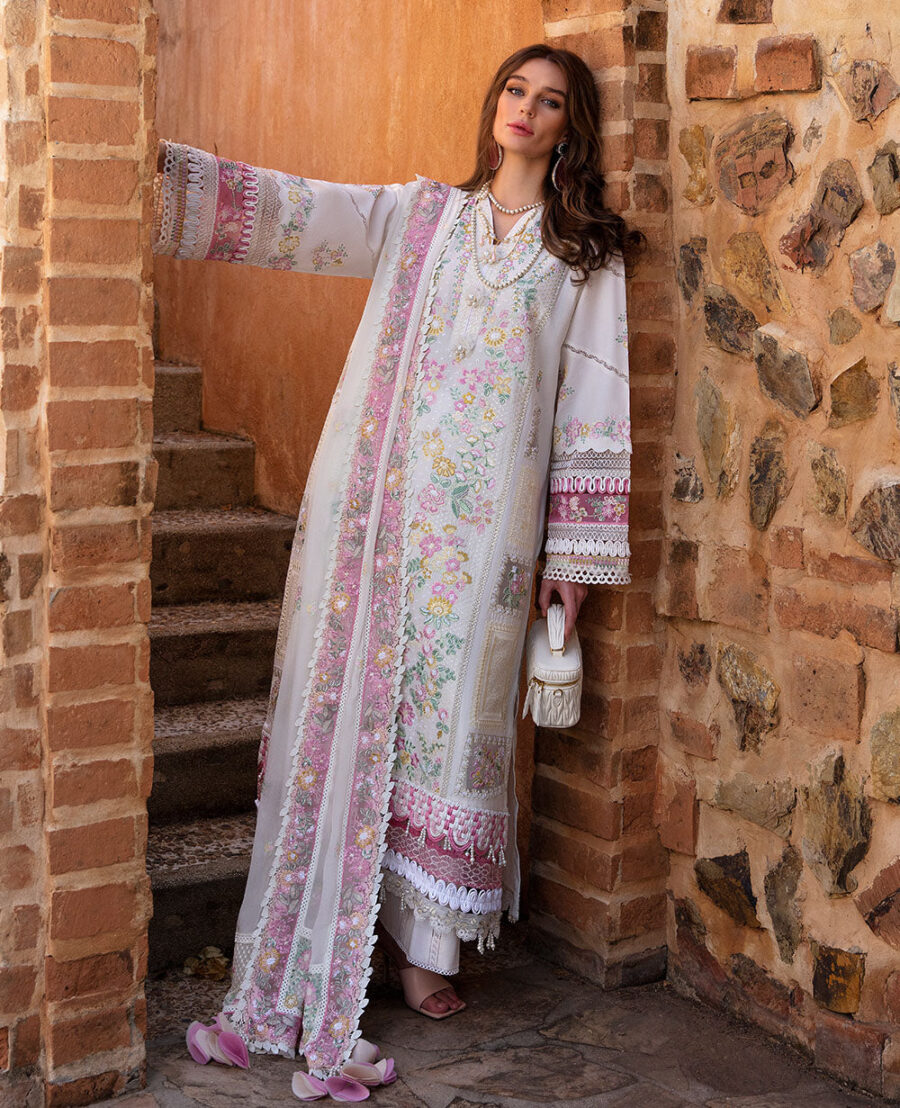 Embrace ethereal beauty with Rêveuse, featuring sequin and silver tilla floral motifs. Shop unstitched Pakistani suits online at Fabcollection now!