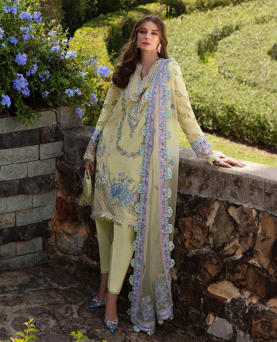 Sophistication in soft hues, Sylvie features detailed embroidery and an organza dupatta. Unstitched Pakistani suits - Fabcollection.