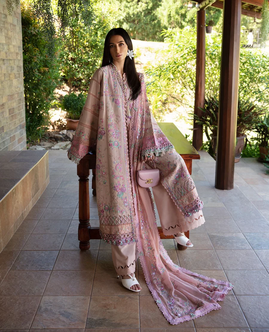 Embrace opulence with Lumière's floral embroidery on wave-patterned fabric. Unstitched Pakistani suits - Fabcollections.