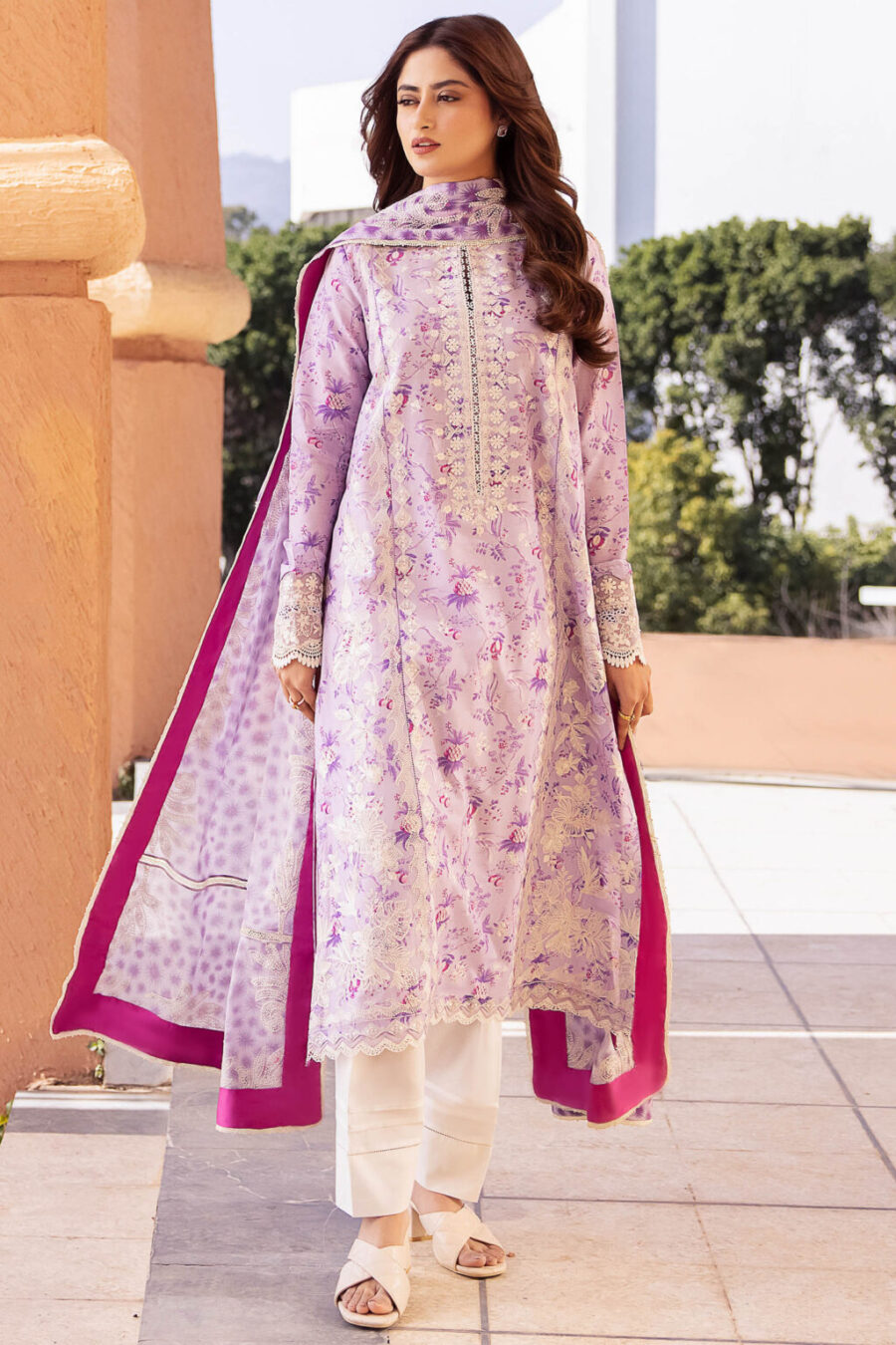 Stylish Lahore suits online featuring unstitched digital printed and embroidered lawn, organza hem borders, and voile duppata. Ideal for custom tailoring.