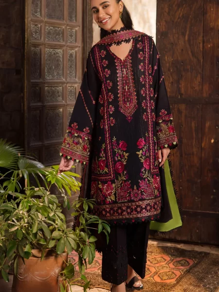 Explore stylish Lahore suits online featuring unstitched embroidered lawn, organza sleeve and hem borders, voile duppata, and dyed cambric trousers. Enjoy free shipping and cash on delivery.