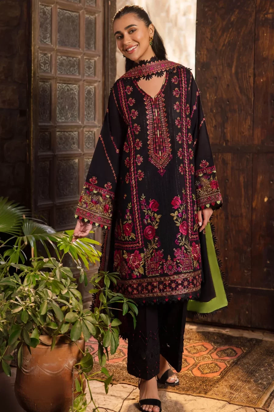 Explore stylish Lahore suits online featuring unstitched embroidered lawn, organza sleeve and hem borders, voile duppata, and dyed cambric trousers. Enjoy free shipping and cash on delivery.