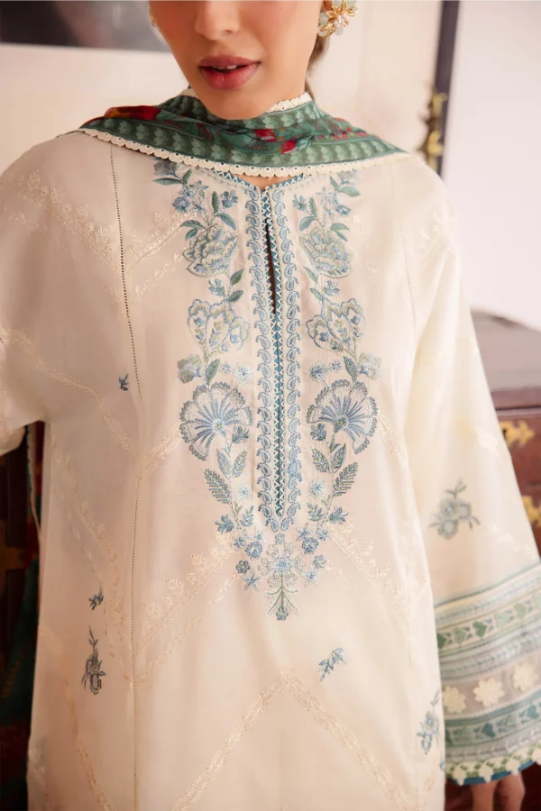 Step into sophistication with our Karachi Pakistanu suit online, adorned with beautifully embroidered sleeves, luxurious satin borders, and a stunning digital printed chiffon duppata.