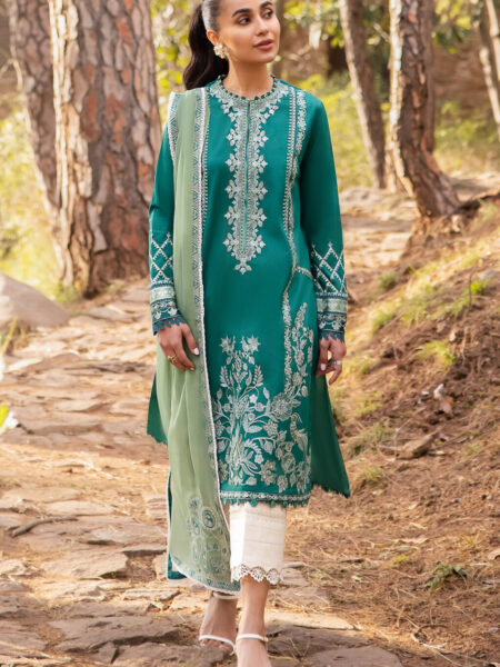 Stylish Pakistani suits Lahore with unstitched embroidered lawn, satin sleeve and hem borders, and chiffon duppata. Ideal for any occasion.