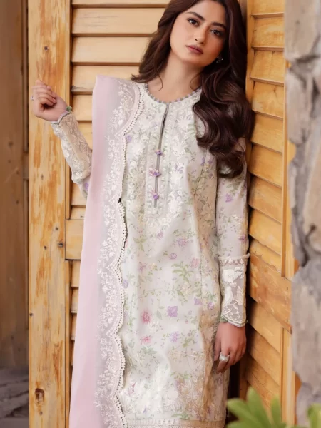 Explore stylish Pakistani unstitched lawn suits featuring embroidered digital print on lawn, organza hem borders, voile duppata, and dyed cambric trousers with free shipping and cash on delivery.