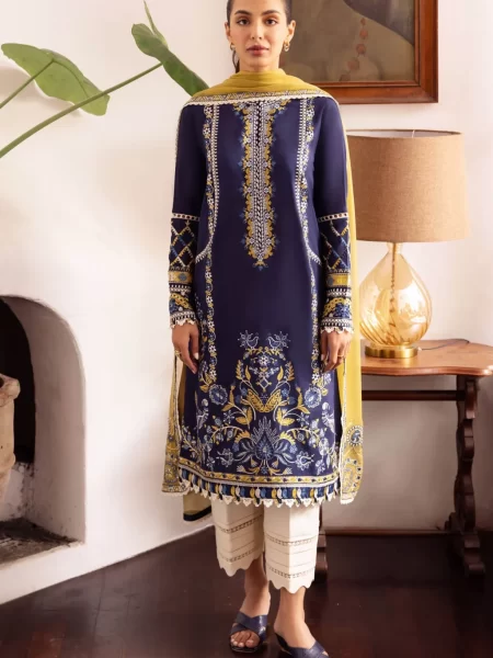 Explore stylish Karachi Pakistani suits featuring unstitched embroidered lawn, satin sleeve and hem borders, chiffon duppata, and dyed cambric trousers with free shipping and cash on delivery.