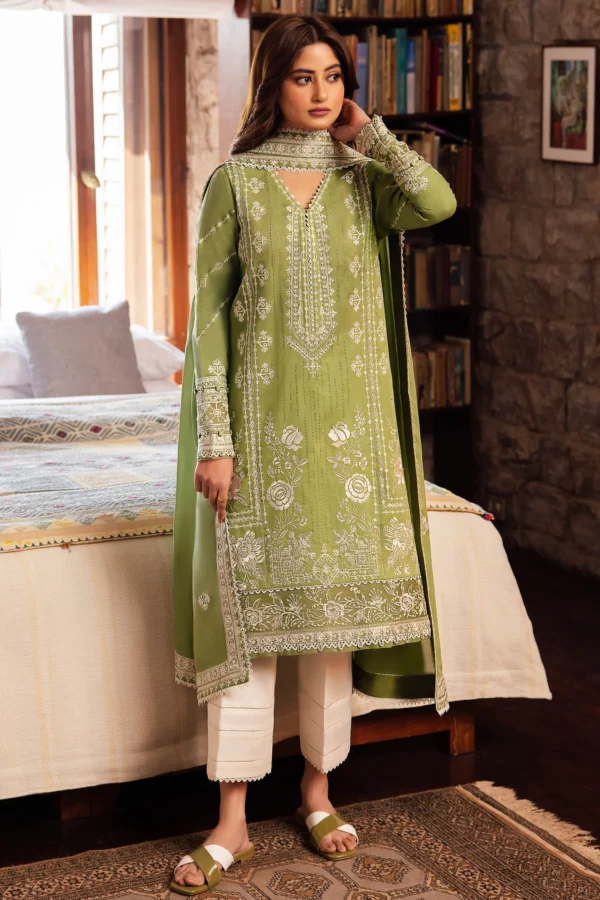 Premium Karachi Pakistani suits offer unstitched embroidered lawn front panels, organza borders, voile duppata, and cambric trousers. Includes free shipping and cash on delivery.