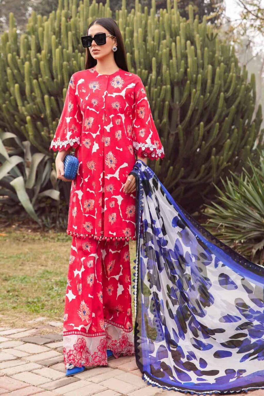 Discover the best Red & White unstitched Pakistani suit. Printed lawn shirt, embroidered pattis, cambric trouser, and chiffon dupatta. Buy online now!