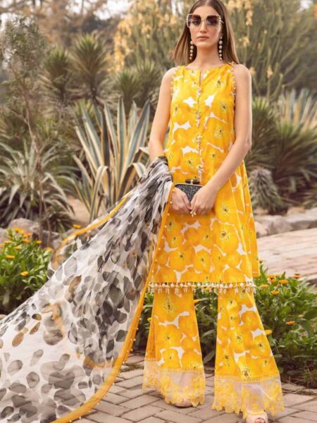 Discover the best Yellow & White unstitched Pakistani suit. Printed lawn shirt, embroidered pattis, cambric trouser, and chiffon dupatta. Buy online now!