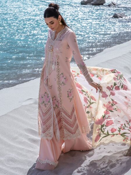 Buy sorbet pink unstitched Pakistani suits from Fabcollection. Includes embroidered necklines, borders for daman and sleeves, and solid dyed cotton trousers.