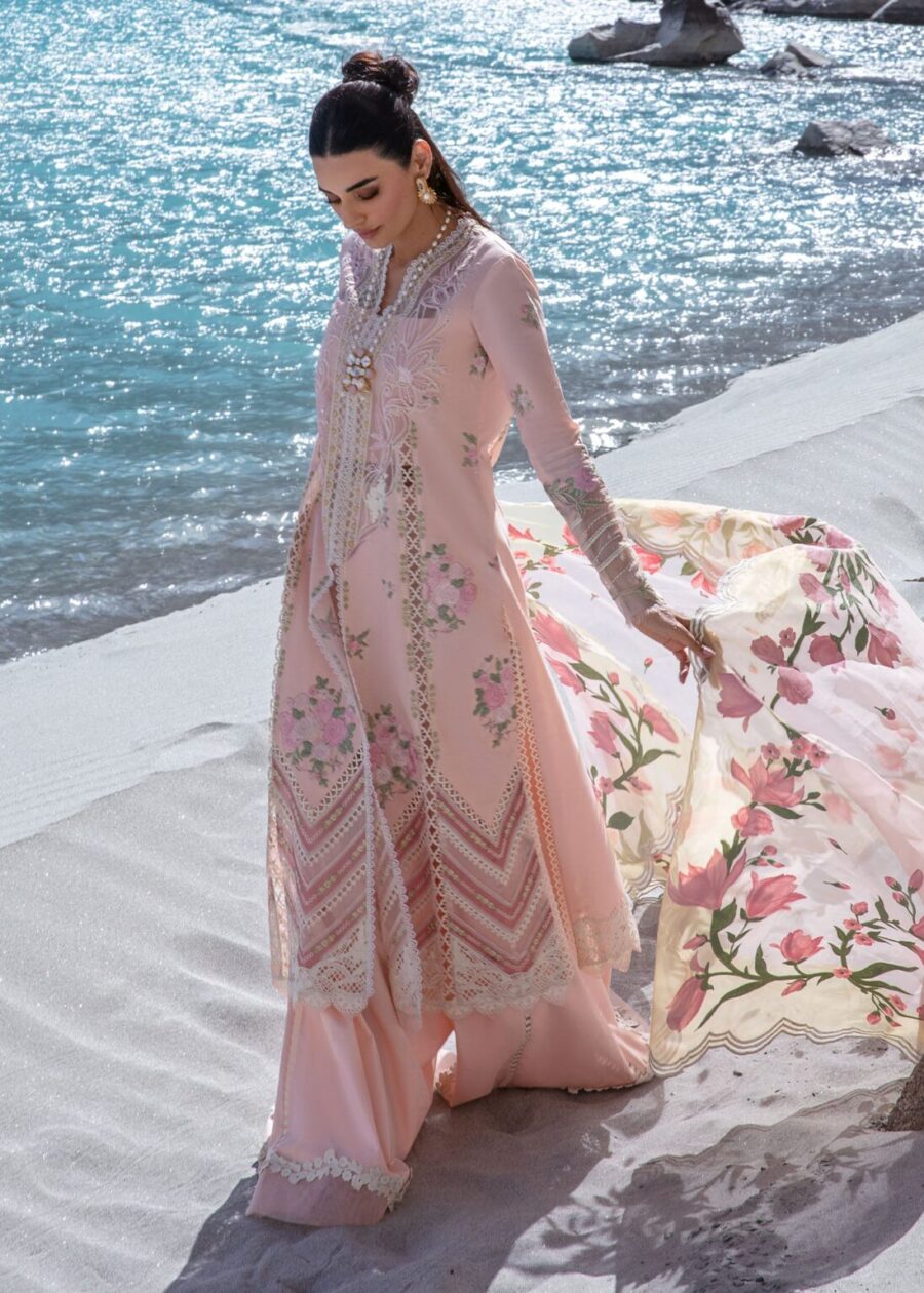 Buy sorbet pink unstitched Pakistani suits from Fabcollection. Includes embroidered necklines, borders for daman and sleeves, and solid dyed cotton trousers.