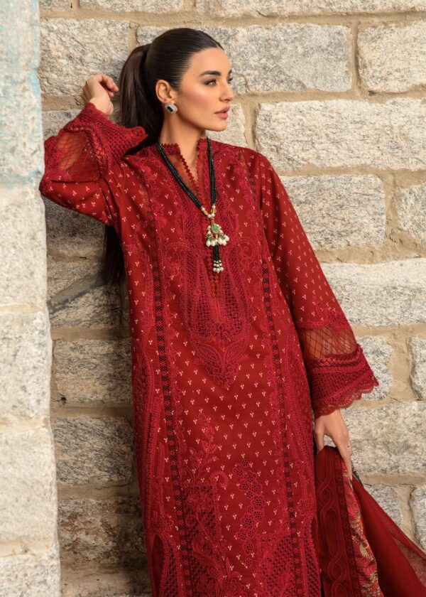 Exquisite Ruby Pakistani suit from Fabcollection. Hand-printed panels with marori work, organza appliques, and embroidered borders. Buy Pakistani suits online.