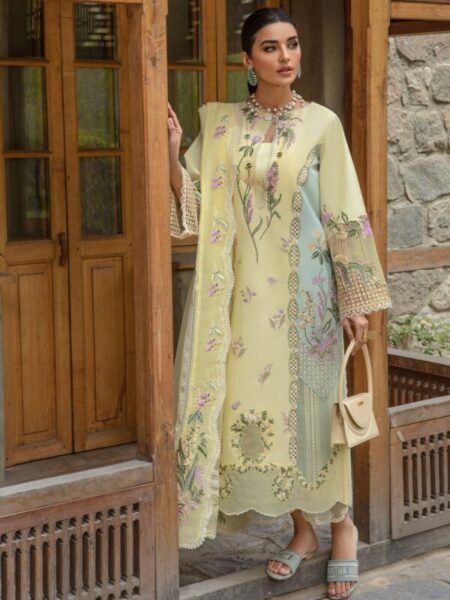 Fabcollection presents premium lemon unstitched Pakistani suits with intricate ghaara embroidery, floral motifs, and a woven net dupatta.