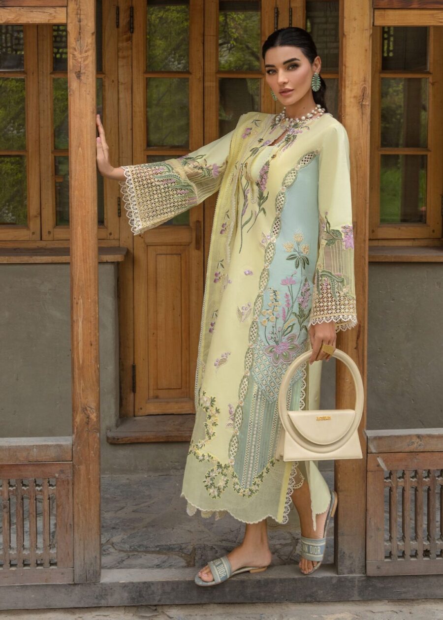 Discover Fabcollection's lemon unstitched Pakistani suits featuring ghaara embroidery, appliqued lace motifs, and an embroidered dupatta.