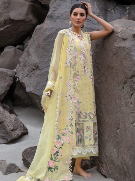 Topaz yellow unstitched Pakistani suits at Fabcollection. Features ghaara embroidery, hand-appliqued lace, and a color-blocked embroidered pallu for the dupatta.