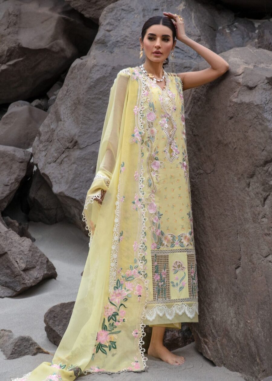 Topaz yellow unstitched Pakistani suits at Fabcollection. Features ghaara embroidery, hand-appliqued lace, and a color-blocked embroidered pallu for the dupatta.