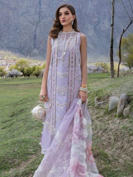 Embrace elegance with our lavender unstitched Pakistani suit, complete with laser appliques, embroidered borders, and a beautifully printed dupatta.