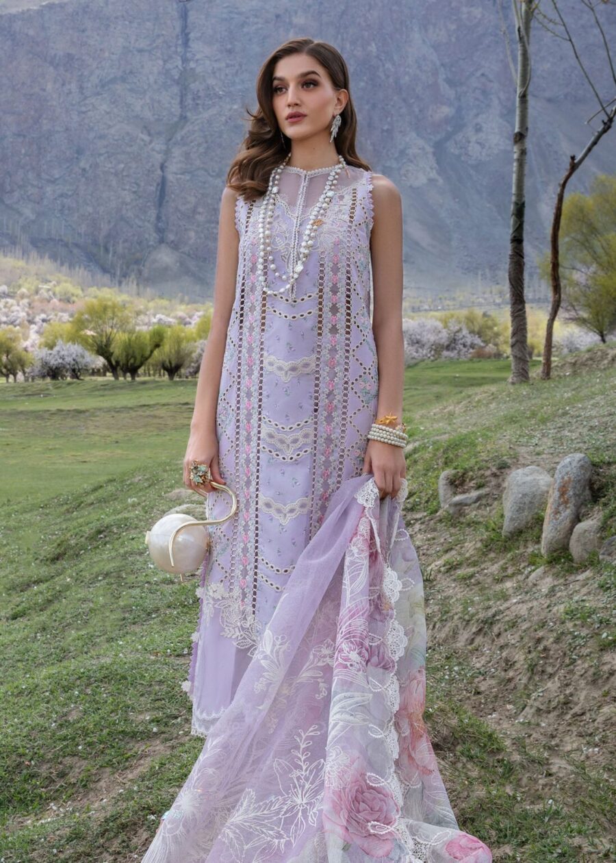 Embrace elegance with our lavender unstitched Pakistani suit, complete with laser appliques, embroidered borders, and a beautifully printed dupatta.