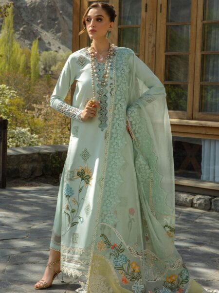 Aqua unstitched Pakistani suits for women at Fabcollection. Features ghaara embroidery, hand-appliqued laces, and a color-blocked embroidered pallu for the dupatta.