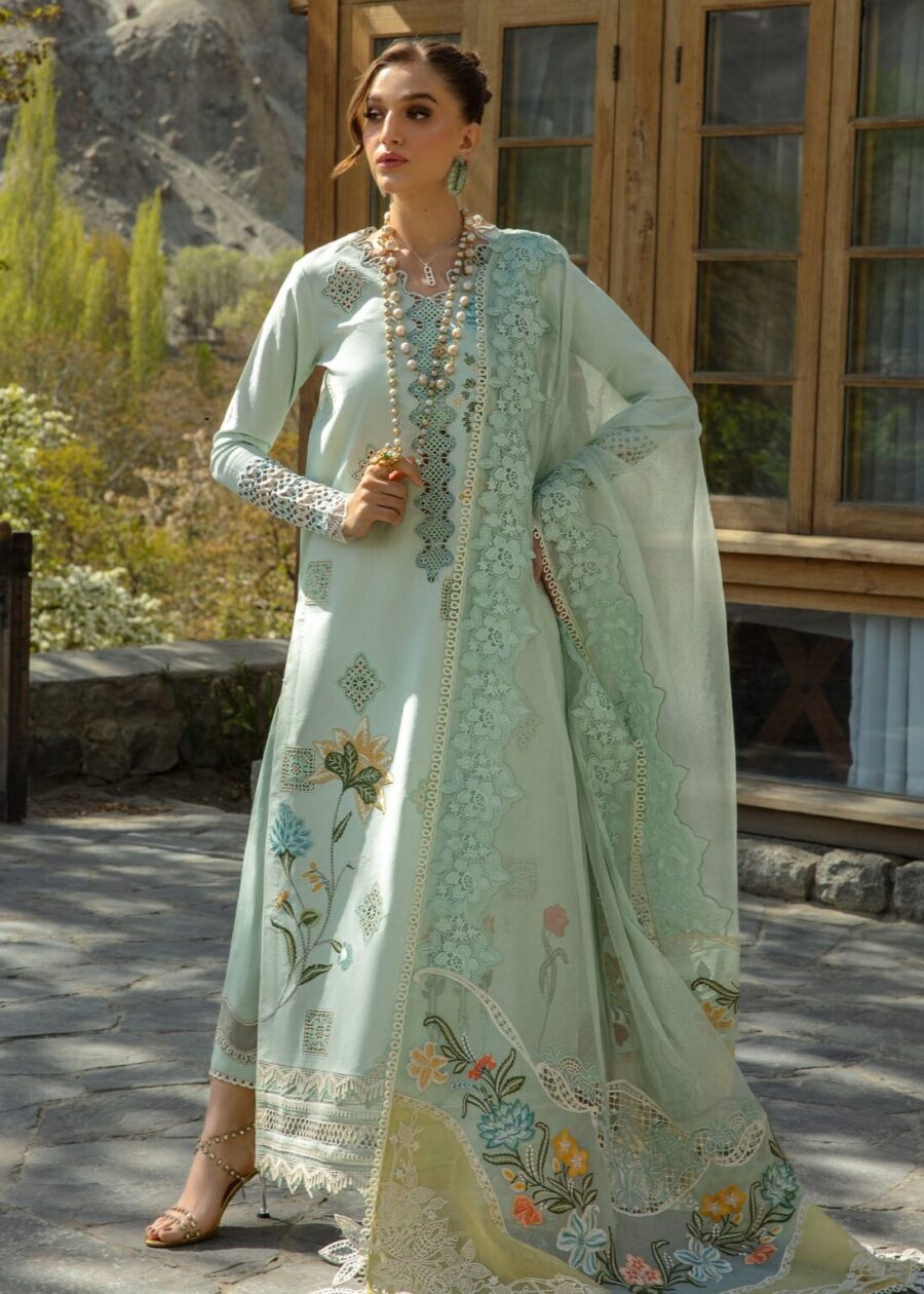 Aqua unstitched Pakistani suits for women at Fabcollection. Features ghaara embroidery, hand-appliqued laces, and a color-blocked embroidered pallu for the dupatta.