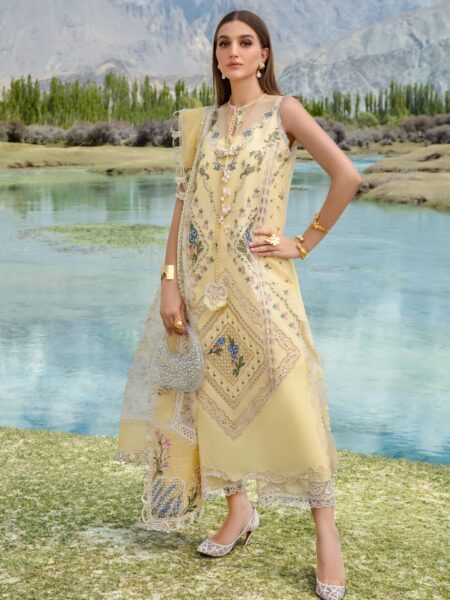 Discover Fabcollection's yellow unstitched Pakistani suits with intricate ghaara embroidery, cutwork, lace inserts, and an embroidered dupatta.