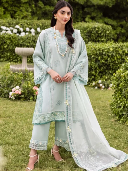 Explore Fabcollections' summer-ready ice blue unstitched Pakistani suit, complete with khaddi net embroidered dupatta and delicate embroidery.