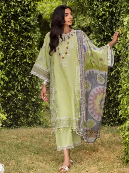 Discover Fabcollection's summer-ready mint green unstitched Pakistani suit, complete with digital silk dupatta and intricate embroidery details.