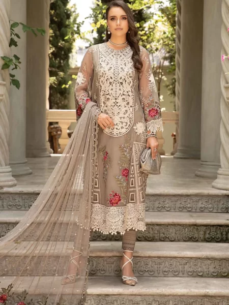 Discover Fabcollections' mouse grey unstitched Pakistani suit with embroidered organza side panels, ghera lace, and net dupatta.