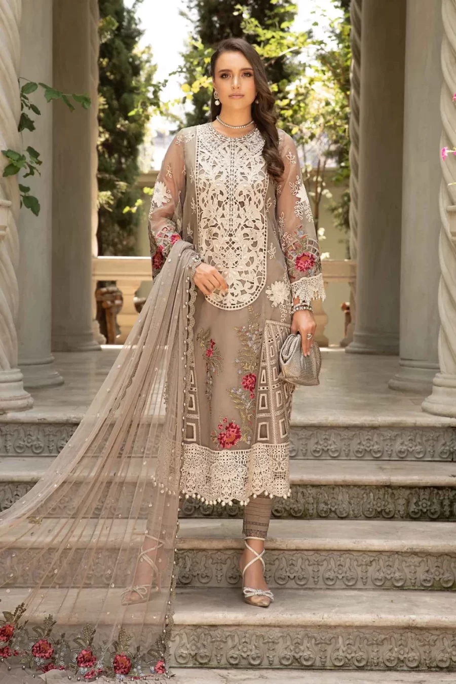 Discover Fabcollections' mouse grey unstitched Pakistani suit with embroidered organza side panels, ghera lace, and net dupatta.