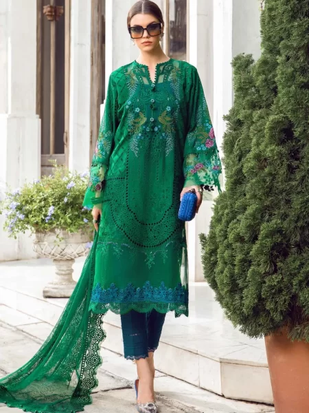 Discover Fabcollections' green unstitched Pakistani suit with embroidered lawn side panels, organza ghera patches, and cambric trousers.