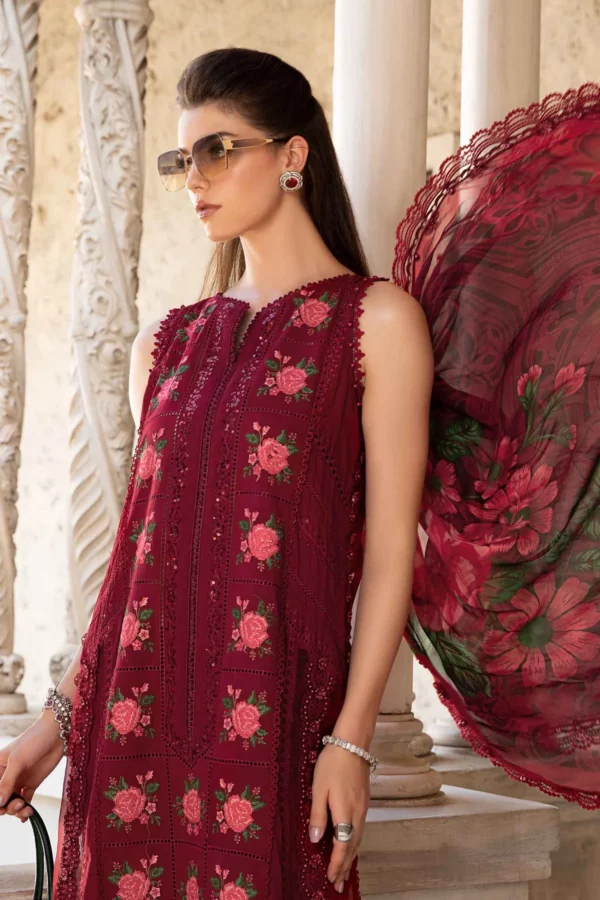 Elevate your wardrobe with Fabcollections' red unstitched Pakistani suit, featuring embroidered lawn sleeves and organza front lace.