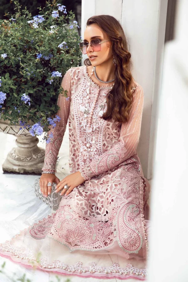 Shop pink unstitched Pakistani suits at Fabcollections, showcasing embroidered organza front and a printed & embroidered organza dupatta.